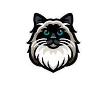 a cat logo with blue eyes on a black background