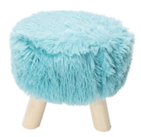 a blue furry stool with wooden legs